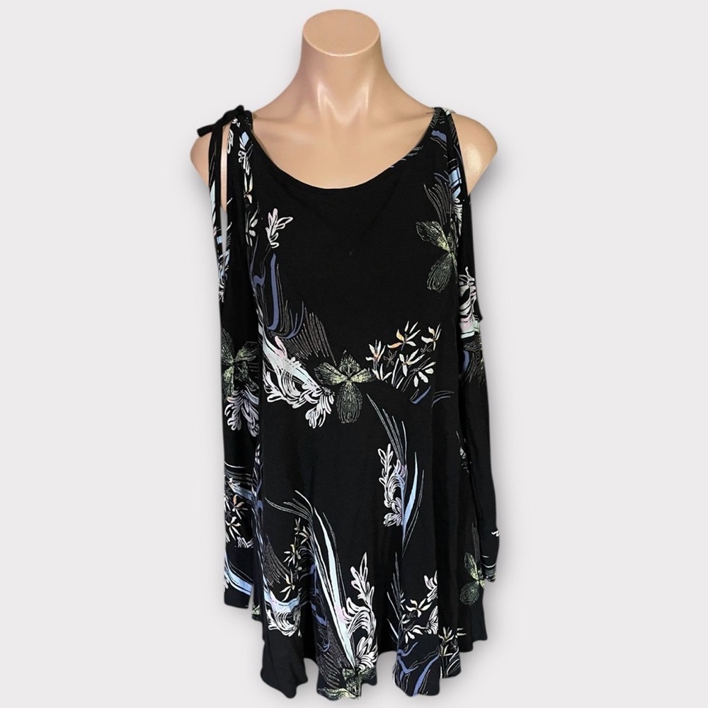 Free People Clear Skies Black Cold Shoulder Floral Tunic Top Small